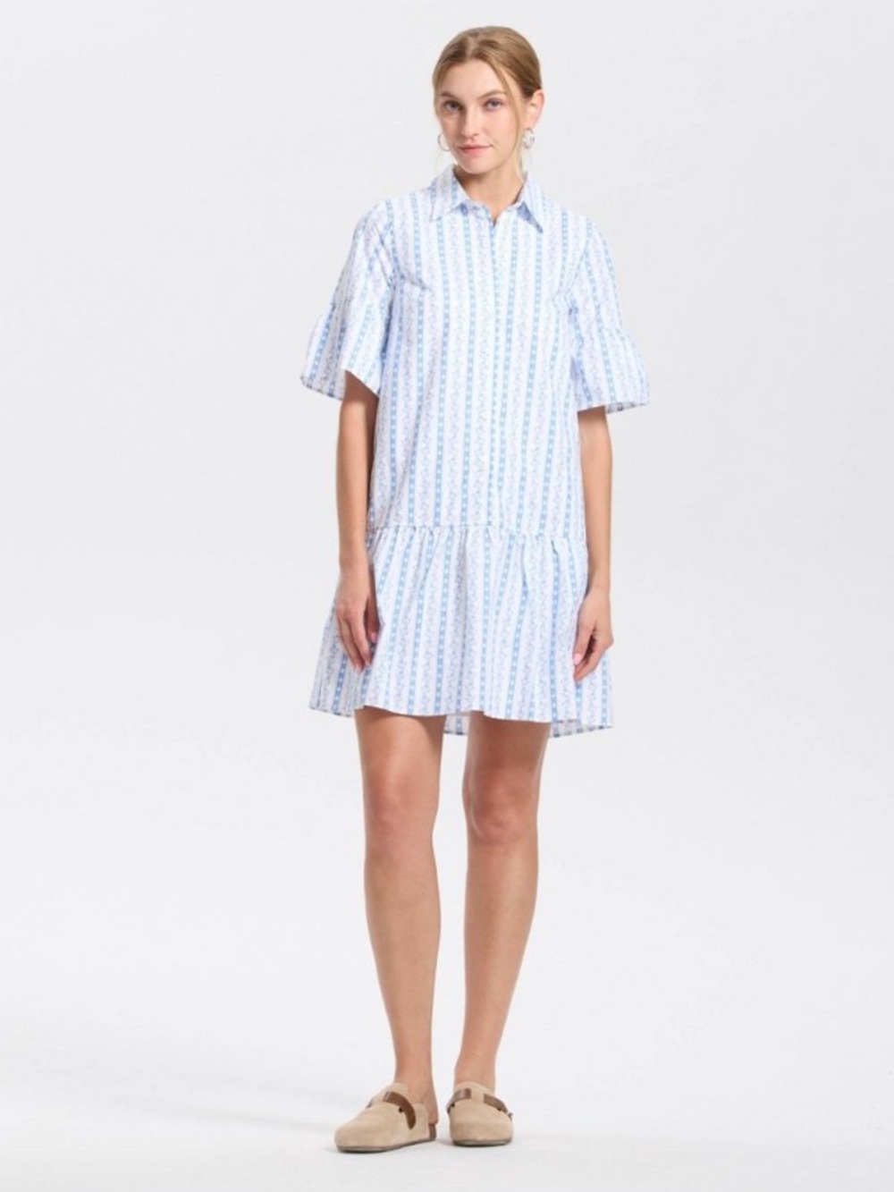 Universal Thread™ Women's Elbow Sleeve Poplin Mini Shirtdress - White/Blue XL
